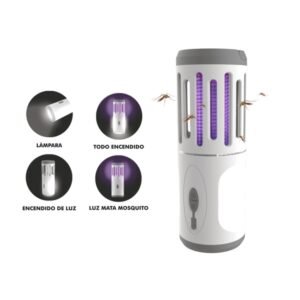 Lámpara LED Blanca + Luz Violeta con Parrilla Eléctrica Atrapa Mosquitos | Batería Litio Recargable USB + Cepillo Limpieza